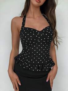 Sweetina 女式夏季休闲度假风格波尔卡圆点印花腰部荷叶边 A 字形露背系带吊带背心 - 黑與白 - 查看 1