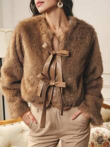 Omancia Women's Elegant Brown Top With PU Leather, Faux Fur And Tie-Up Fur Jacket, Casual For Party, Halloween, Christmas, New Year, Thanksgiving, Autumn/Winter - Coffee Brown - View 6