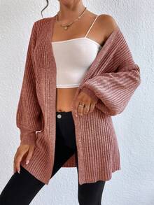 EURMUSE Ribbed Knit Drop Shoulder Open Front Cardigan - Pink - View 3