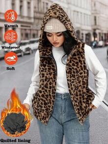 EMERY ROSE Veste sans manches rembourrée, zippée, à capuche, en fausse fourrure avec imprimé léopard, style classique, élégante et décontractée, pour femmes grandes tailles - Tabac - Voir 1