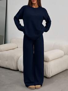 EURMUSE Women Round Neck Rib Knitted Sweater And Sweater Pant 2pcs Sets Co-Ord - Navy Blue - View 8