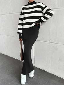 EURMUSE 2pcs Women Ribbed Stand Collar Dropped Shoulder Long Sleeve Sweater And Ribbed Knit Dress Set - Dark Grey - View 4