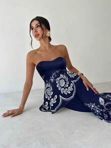 Firerie Bộ 2 món áo ống viền bất đối xứng và quần ống rộng cạp cao thanh lịch, lãng mạn, giản dị, dành cho nữ, mùa hè - Màu xanh hải quân - Xem 7