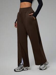 Dewbera Damen einfarbige Hose mit elastischem Bund, gerade Beine, locker geschnitten, hoher Bund, Sporthose, braune Hose, Hose mit hoher Taille, weite Beine, Hose mit Schlitz am Saum, Damenhose mit weiten Beinen