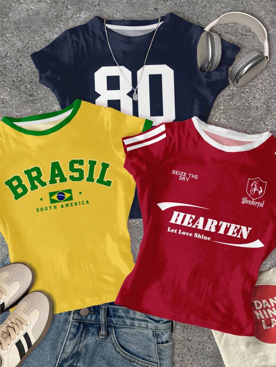 SHEIN 3 件套青少年女孩复古街头风格图案 T 恤，修身圆领短袖 T 恤，夏季舒适休闲，采用多巴胺、复古红、亮黄色设计，轻松舒适，适合秋季儿童分层穿着，时尚儿童休闲装，儿童图案服装，开学季，秋季