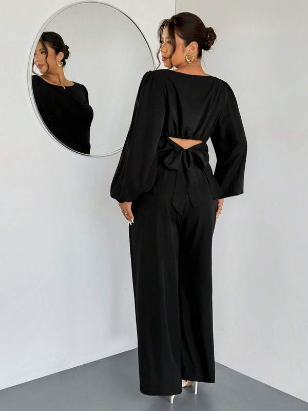 Firerie Plus Size Elegant Commuter Solid Color Lantern Sleeve Back Tie Shirt & Pants 2-Piece Set