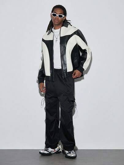 Modcrash Men Two Tone Zip Up PU Leather Jacket