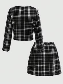 SHEIN Set Jaket Lengan Panjang Kotak-kotak Gaya Urban Chic untuk Remaja Perempuan dan Rok Mini Bodycon - Hitam - View 7