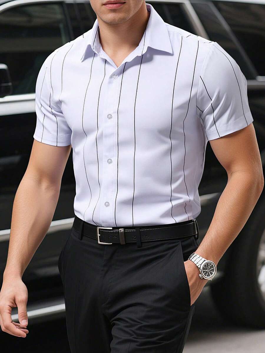 Manfinity Homme 男士條紋印花衫(不帶內搭T恤),短袖白色工作休閒鈕扣衫,適用於丈夫 - 米色 - 查看 1