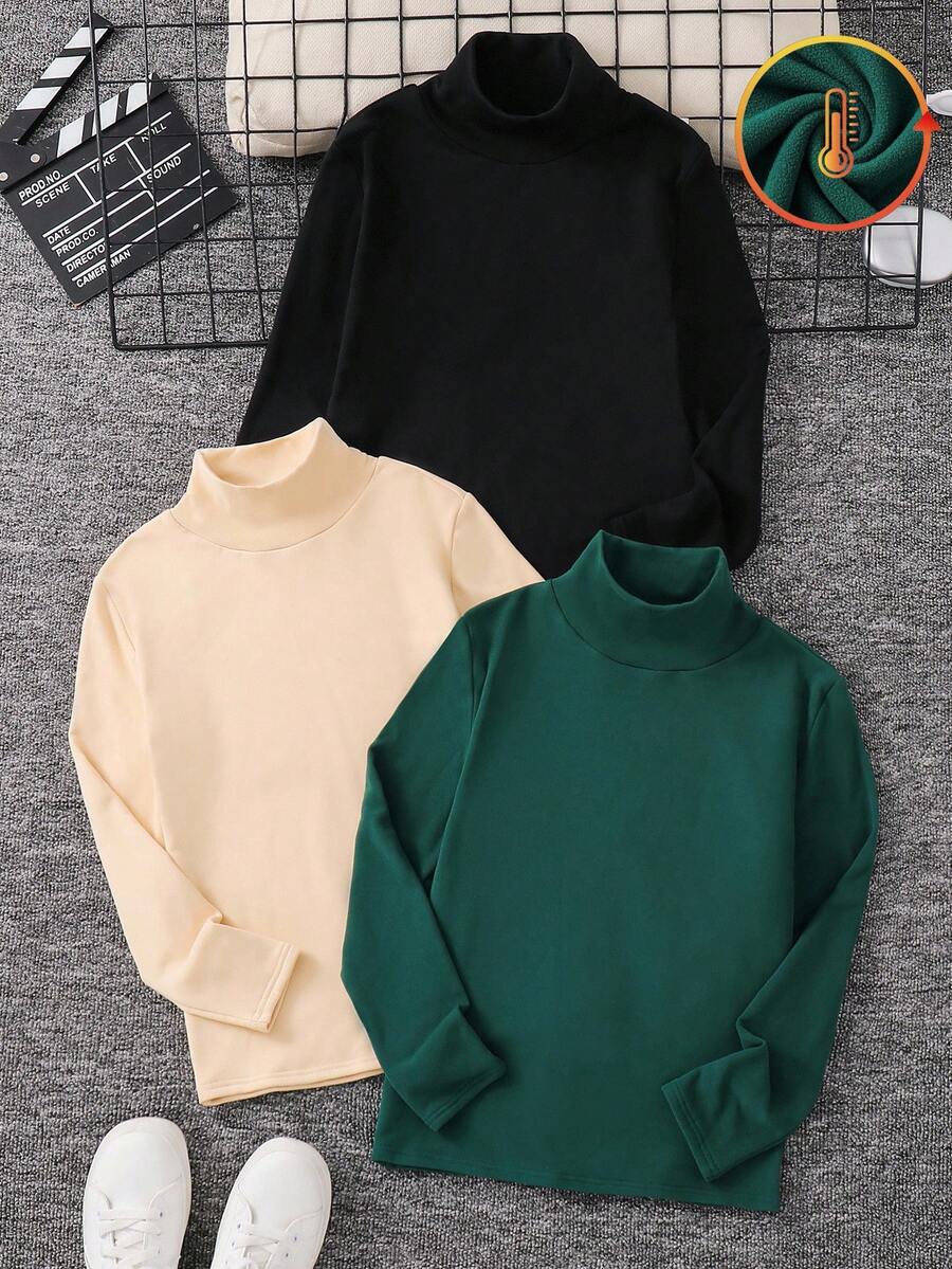 SHEIN 3 piezas Ropa de niño preadolescente Camisetas de forro polar gruesas y versátiles, aptas para ir y venir, la escuela, uso casual, viajes, deportes, otoño/invierno, Navidad - Multicolor - Ver 1