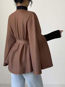 Elenzga Women's Autumn/Winter Casual, Date, Party, Cocktail, Wedding Elegant French Style Loose Woven Twill Brushed Shawl Collar Belted Long Sleeve Regular Jacket, Brown - Brown - View 2