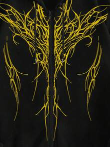 ROMWE MEN Goth 男式哥特式印花长袖拉链抽绳连帽运动衫，秋冬 - 黑色 - 查看 4