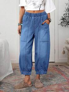 EMERY ROSE Quần jean nữ dáng rộng cạp chun màu trơn, dáng suông, thường ngày - Màu xanh lam - Xem 6