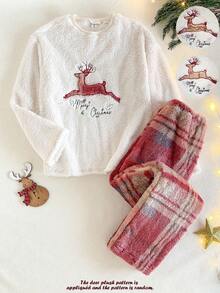 SHEIN 2 Stücke/Set Elegante minimalistische Weihnachts-Hirsch-Buchstaben karierte Stickerei Langarm-Top und kuschelige karierte Hose Lässig bequeme Pyjamas für Teenager-Mädchen