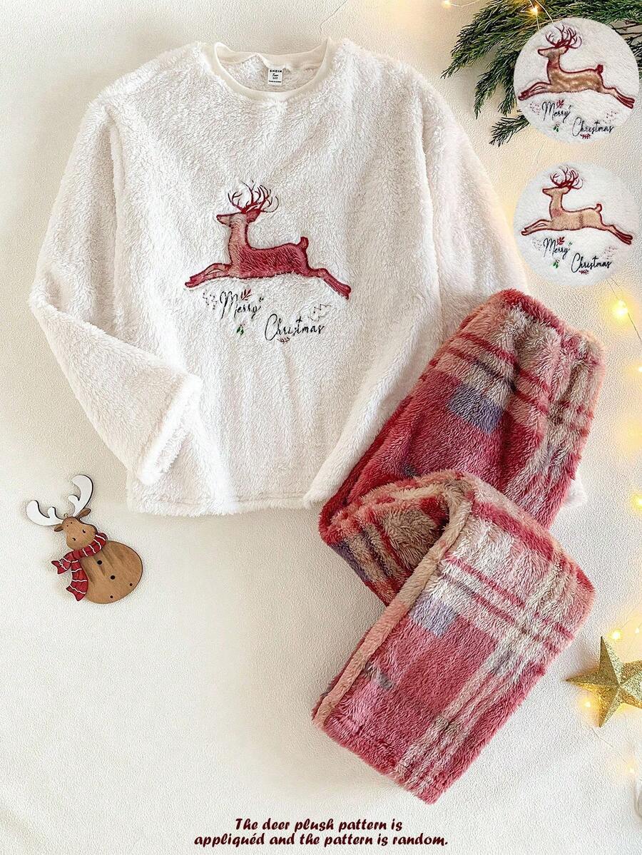 SHEIN 2 Stücke/Set Elegante minimalistische Weihnachts-Hirsch-Buchstaben karierte Stickerei Langarm-Top und kuschelige karierte Hose Lässig bequeme Pyjamas für Teenager-Mädchen