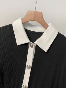 GlowEve 时尚新款优雅女式针织修身纽扣装饰前开撞色长袖中长连衣裙