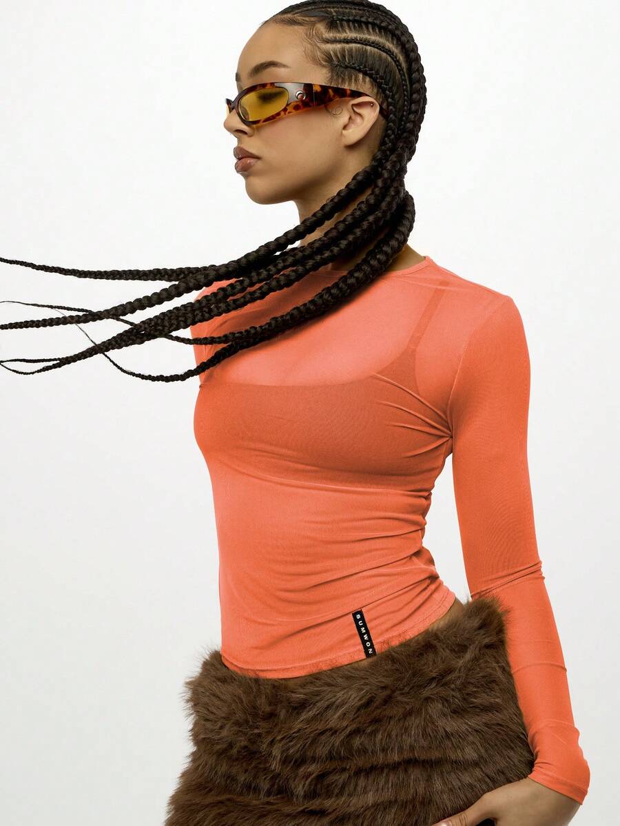SUMWON WOMEN Long Sleeve Sheer Mesh Top Bodycon Crop Layering Y2K Streetwear Festival Club Party Dancing Workout Athleisure - Orange - View 1