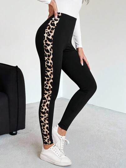 SHEIN Teen Girl Black Leopard Pattern Patchwork Casual Knit Leggings
