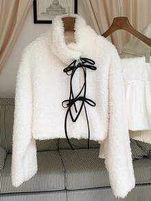 Comfortcana 女式休闲通勤撞色结饰前人造毛皮夹克，秋冬 - 米色 - 查看 3