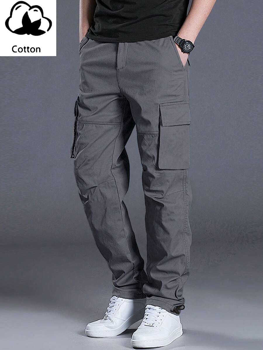 Manfinity Homme Men Loose Fit Flap Pocket Drawstring Waist Cargo Pants - Dark Grey - View 1