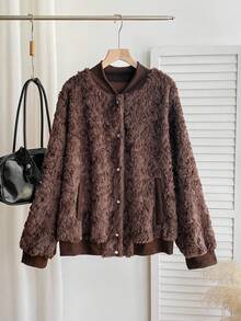 SHEIN EZwear 复古拼色蓬松厚款休闲大码棒球夹克外套，秋冬 - 棕色 - 查看 4