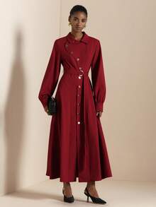 Lyxana Women's Elegant Collared Metal Button Decor Tie Waist Long Sleeve Dress - Red - View 8
