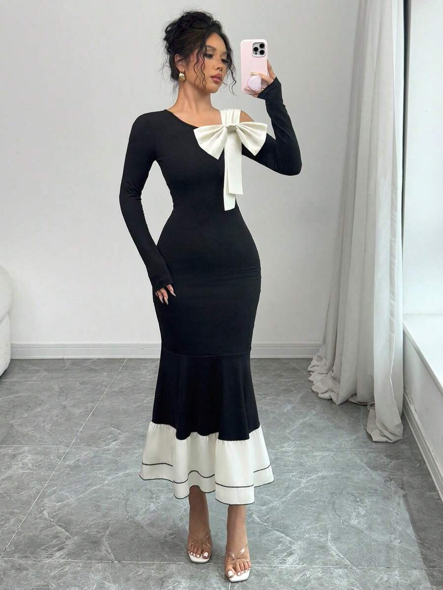 SHEIN PETITE Women's Asymmetric Collar Bow Patchwork Fitted Elegant Long Sleeve Dress - Apricot - View 1