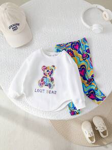 SHEIN Babygirl 可爱卡通图案长袖卫衣和裤子套装，秋冬 - 白色 - 查看 5