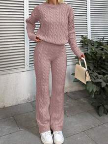 SHEIN Cottnline Solid Color Drop Shoulder Cable Knit Sweater And Knitted Pants Two Piece Set - Dusty Pink - View 5