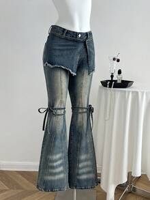 Elamini 女士休闲时尚西式度假风打结喇叭腿牛仔裤，不含腰带 - 藍色 - 查看 7