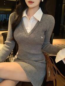 DAZY Women's 2 In 1 Contrast Color Korean Cartoon Embroidery Mid-Length Sweater Dress, Autumn/Winter