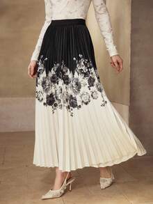 MOTF PREMIUM Chân váy xếp ly họa tiết hoa khối màu - Đen và trắng - Xem 3