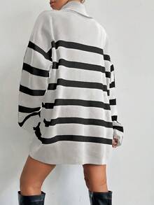 EURMUSE Striped Pattern Turtleneck Drop Shoulder Sweater Without Belt - Black and White - View 2