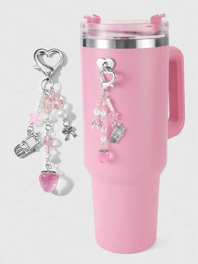 Kawaii 1pc Cute & Elegant Handmade Beaded Keychain With Pink Crystal, White Faux Pearl, Star, Bow, Strawberry Decor, Mini Phone Charm, Suitable For Women, Girls, Daily Wear, Holiday Gift, Comes With Phone Holder & Adhesive Heart Accessory