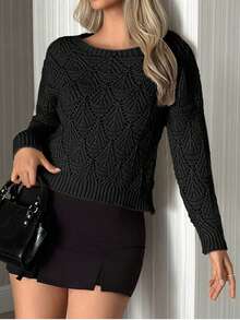 EURMUSE Áo chui đầu móc len cổ tròn hở vai màu trơn cho nữ - màu đen - Xem 1