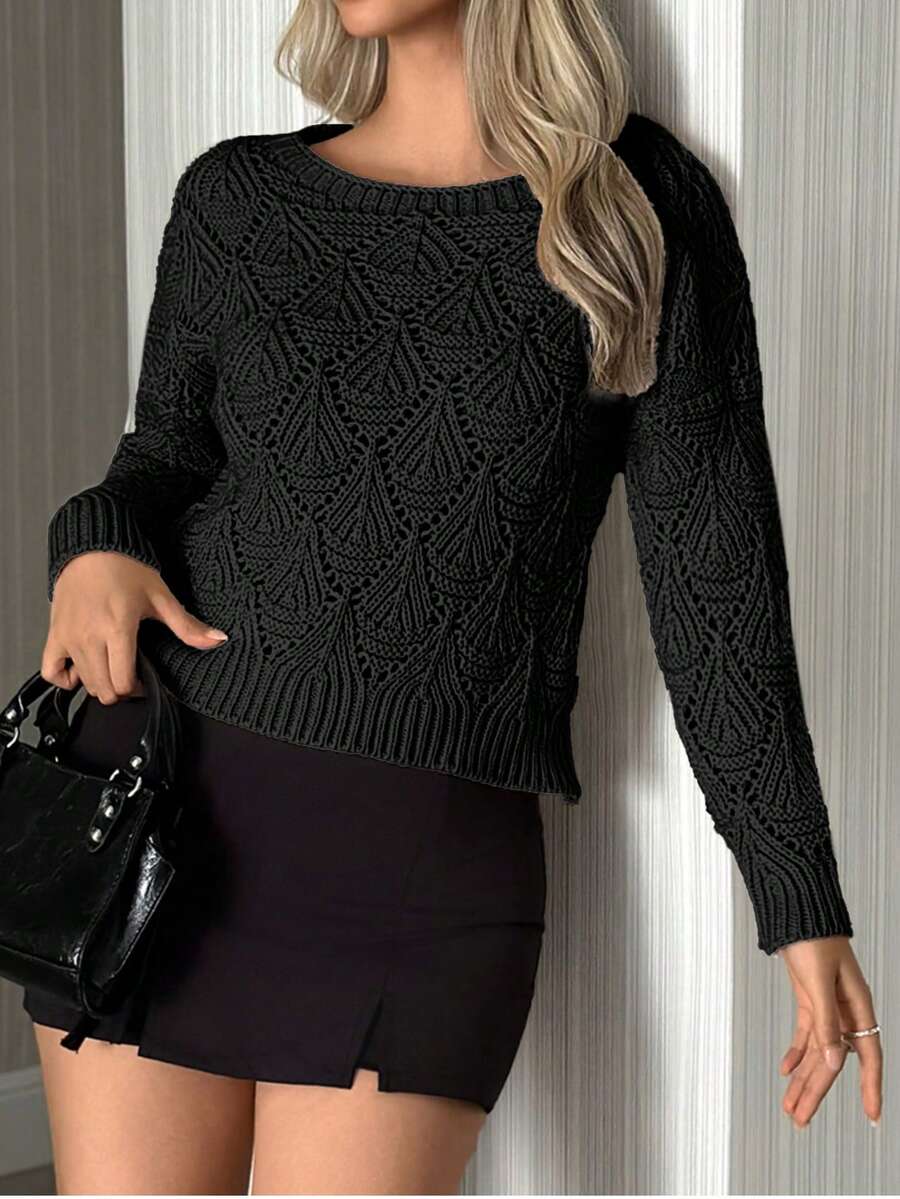 EURMUSE Áo chui đầu móc len cổ tròn hở vai màu trơn cho nữ - màu đen - Xem 1