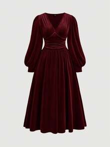 SHEIN CURVE+ 大码天鹅绒束腰灯笼袖中长连衣裙 - 酒紅色 - 查看 4