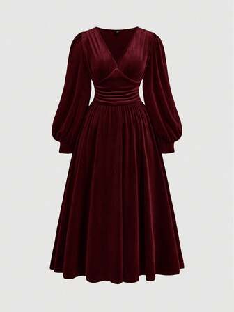 SHEIN CURVE+ Plus Size Velvet Cinched Waist Lantern Sleeve Midi Dress,Christmas