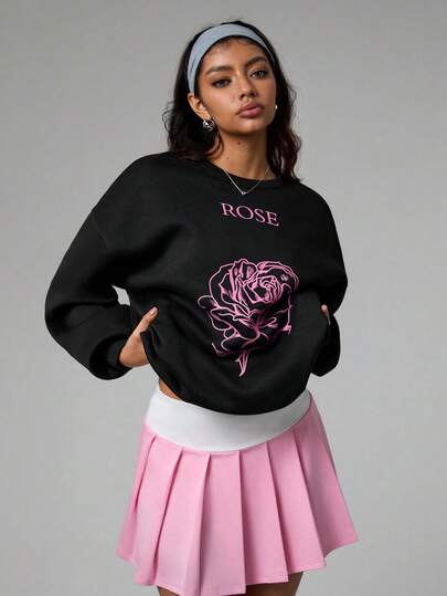 Dewbera 女式宽松圆领长袖玫瑰印花休闲运动衫女式套头衫黑色运动衫玫瑰印花运动衫女式运动衫女式图案运动衫