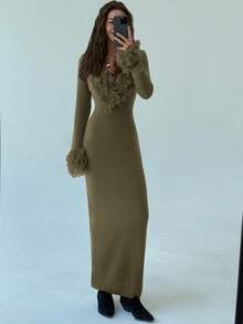 Aloruh Váy len dệt kim dáng ôm dài cổ chữ V tua rua chắp vá viền loe cho nữ vào mùa thu/đông - xanh quân đội - Xem 4