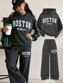 SHEIN 2pcs/Set Tween Girls' Loose Soft Comfortable Collegiate Letter Graphic Hoodie Sweatshirt And Jogger Pants, Winter Outfit Outfit Set Brooklyn Outfit Sweat Set - Dark Grey - View 7