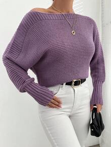 EURMUSE Solid Boat Neck Batwing Sleeve Sweater - Purple - View 5