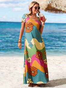 Sylviya Vestido largo casual de mujer con cuello cuadrado y manga corta, vestido bohemio de verano adecuado para salir, elegante y apropiado para vacaciones - Multicolor - Ver 6