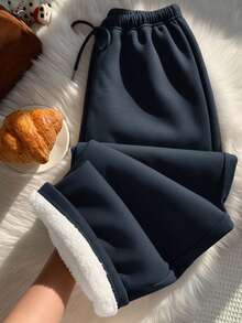 SHEIN EZwear 海军蓝女式秋冬保暖内衬休闲抽绳腰部宽松运动裤，适合日常穿着和返校季