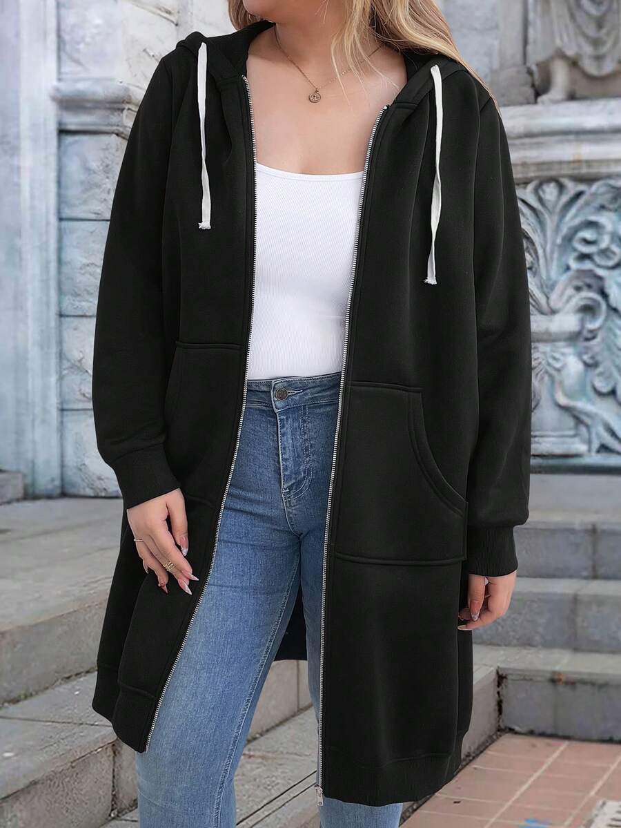 EMERY ROSE Sudadera con cremallera de unicolor de talla grande para mujer, sudadera casual con bolsillo para mujer en primavera/otoño, sudadera con cremallera de manga larga y corte holgado, sudadera con cremallera negra regular - Negro - Ver 1