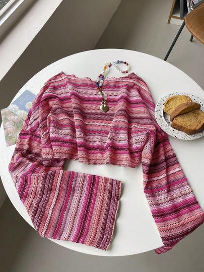 Comfortcana Plus Size Women Casual Striped Cropped T-Shirt,Fall Clothes For Women Colorful Knit Top,Autumn/Winter,Fall Clothes For Women Boho Knit Top Striped Knit Top,Vacation, Pink Striped Top Striped Crop Top Long Sleeve Crop Top Knit Crop Top,Slightly Sheer,Autumn/Winter,Fall Clothes For Women,Elegant,Long Sleeve,Commute,Appointment,Date,Keep Warm,Party, Going Out,Wedding Guest,Chic,Christmas