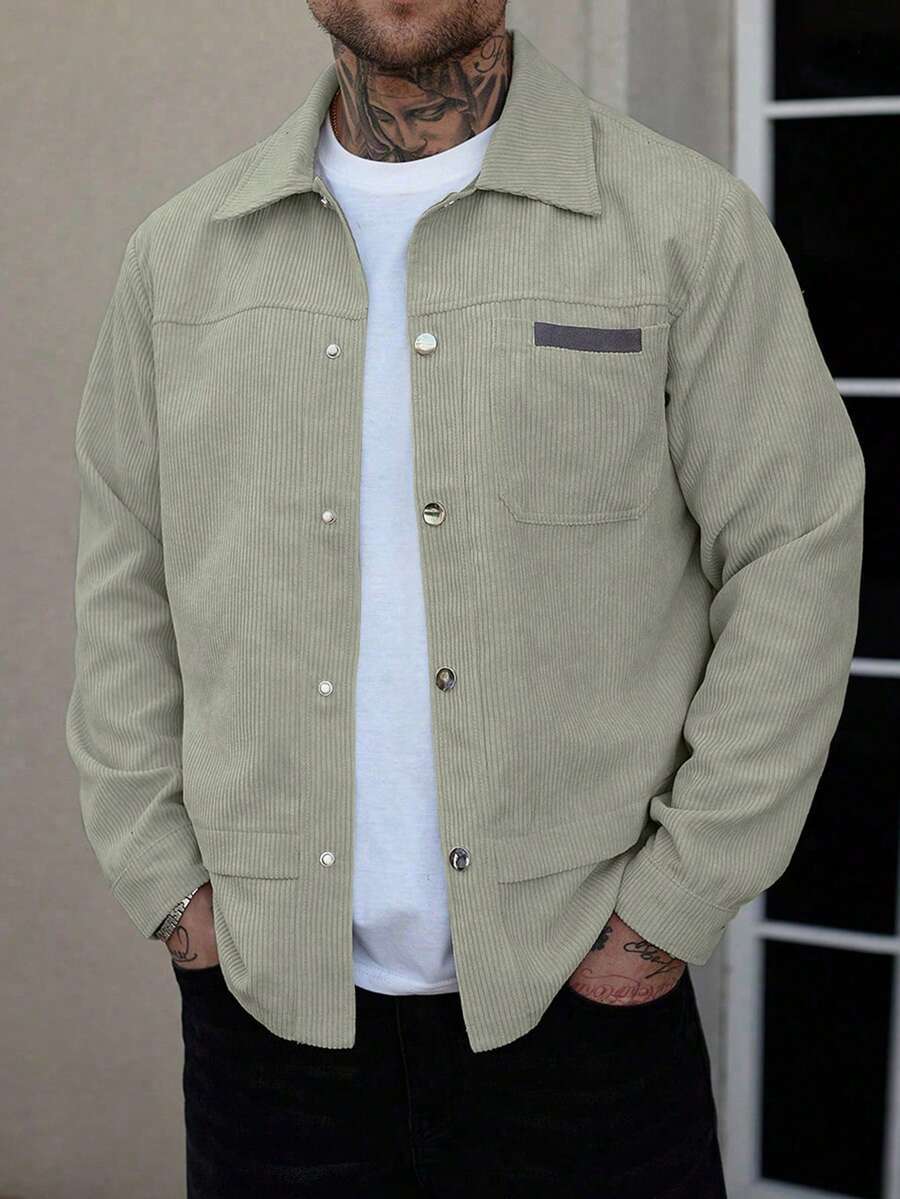 Manfinity CasualCool 男士休闲日常通勤拼接口袋灯芯绒长袖夹克，秋季款 - 橄欖綠 - 查看 1