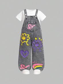SHEIN ChillGRL 女童新款花卉、心形、彩虹涂鸦时尚休闲舒适柔软牛仔连体裤 - 灰色 - 查看 3