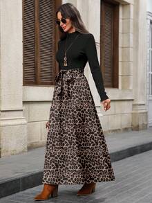 EMERY ROSE Váy dài họa tiết da báo thanh lịch, màu tương phản dành cho nữ, mùa thu/đông - trắng - Xem 2