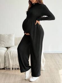 SHEIN Bộ đồ liền thân ống rộng cổ đứng đơn giản màu trơn dành cho bà bầu, mặc hàng ngày, đi làm, mùa thu - màu đen - Xem 6